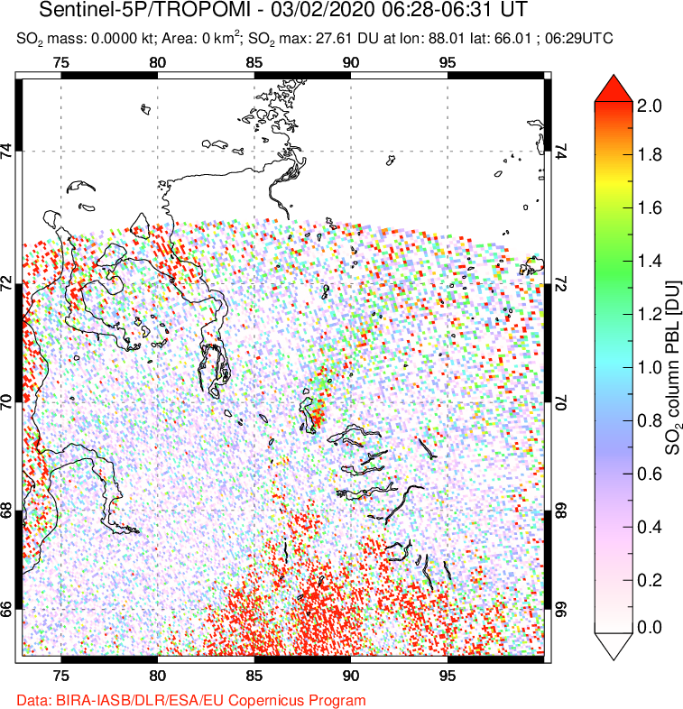 A sulfur dioxide image over Norilsk, Russian Federation on Mar 02, 2020.