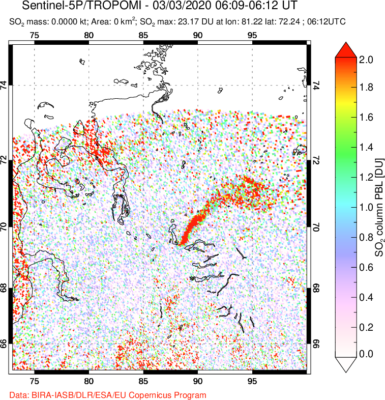 A sulfur dioxide image over Norilsk, Russian Federation on Mar 03, 2020.