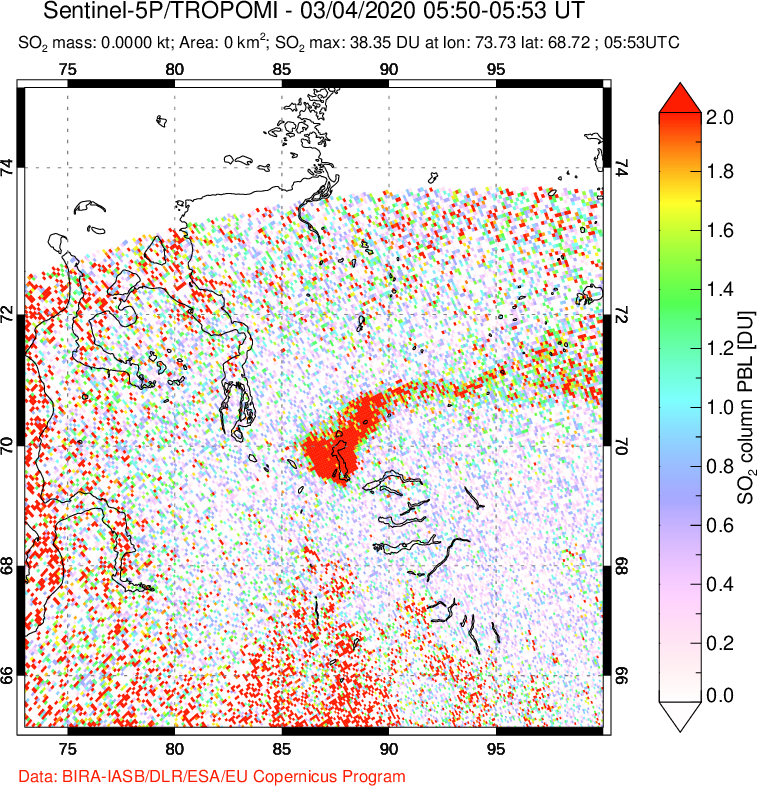 A sulfur dioxide image over Norilsk, Russian Federation on Mar 04, 2020.