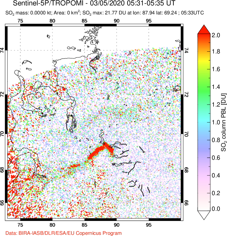 A sulfur dioxide image over Norilsk, Russian Federation on Mar 05, 2020.