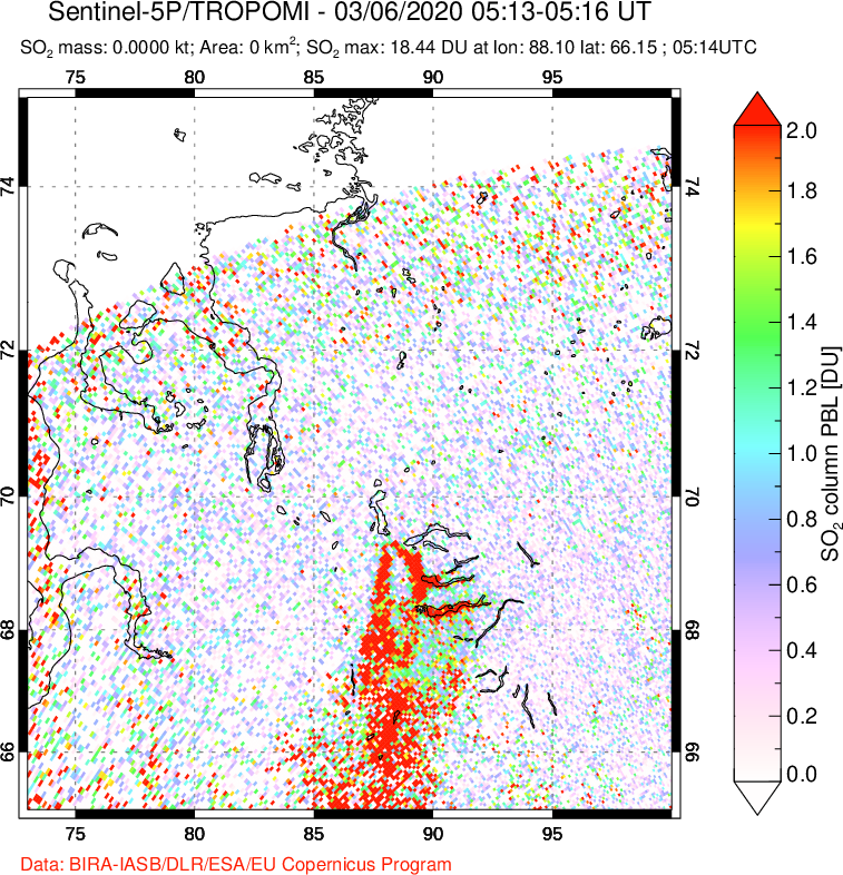 A sulfur dioxide image over Norilsk, Russian Federation on Mar 06, 2020.