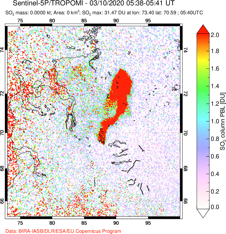 A sulfur dioxide image over Norilsk, Russian Federation on Mar 10, 2020.