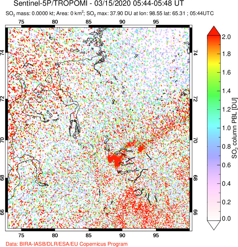 A sulfur dioxide image over Norilsk, Russian Federation on Mar 15, 2020.