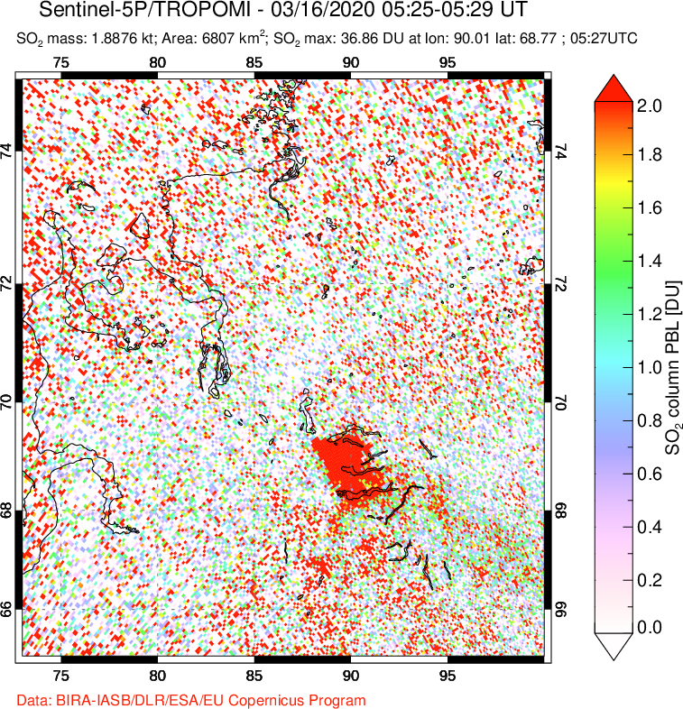 A sulfur dioxide image over Norilsk, Russian Federation on Mar 16, 2020.