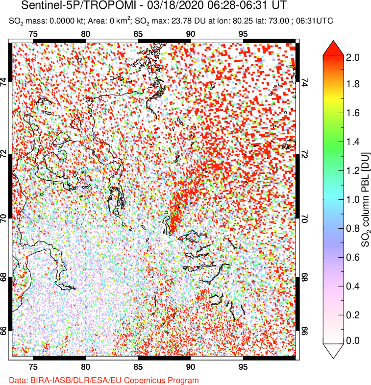 A sulfur dioxide image over Norilsk, Russian Federation on Mar 18, 2020.