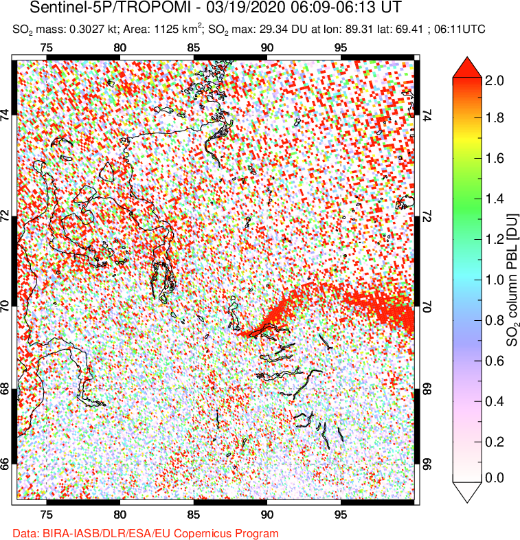 A sulfur dioxide image over Norilsk, Russian Federation on Mar 19, 2020.