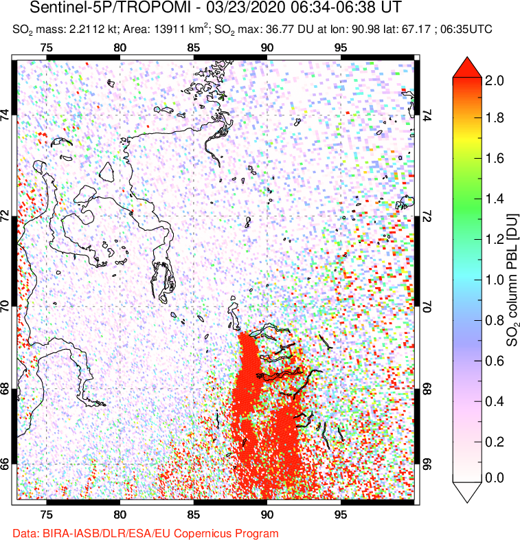 A sulfur dioxide image over Norilsk, Russian Federation on Mar 23, 2020.