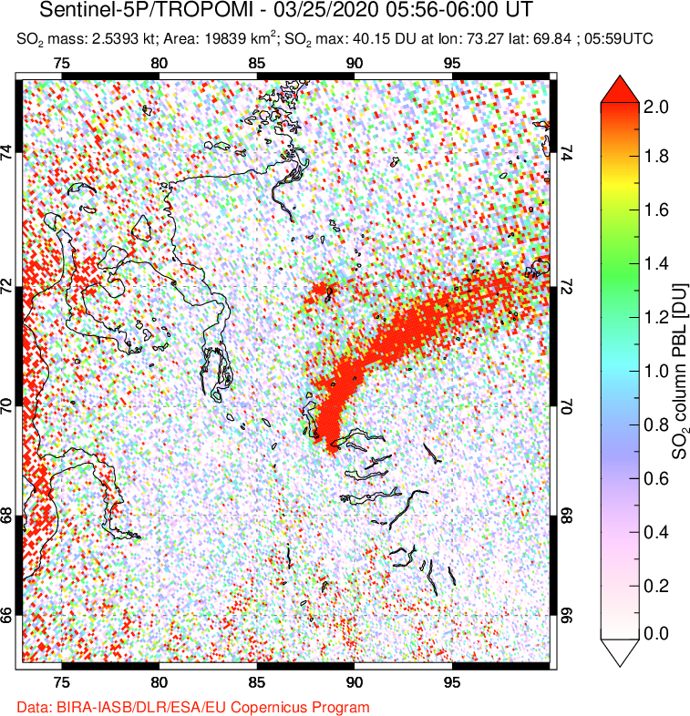 A sulfur dioxide image over Norilsk, Russian Federation on Mar 25, 2020.