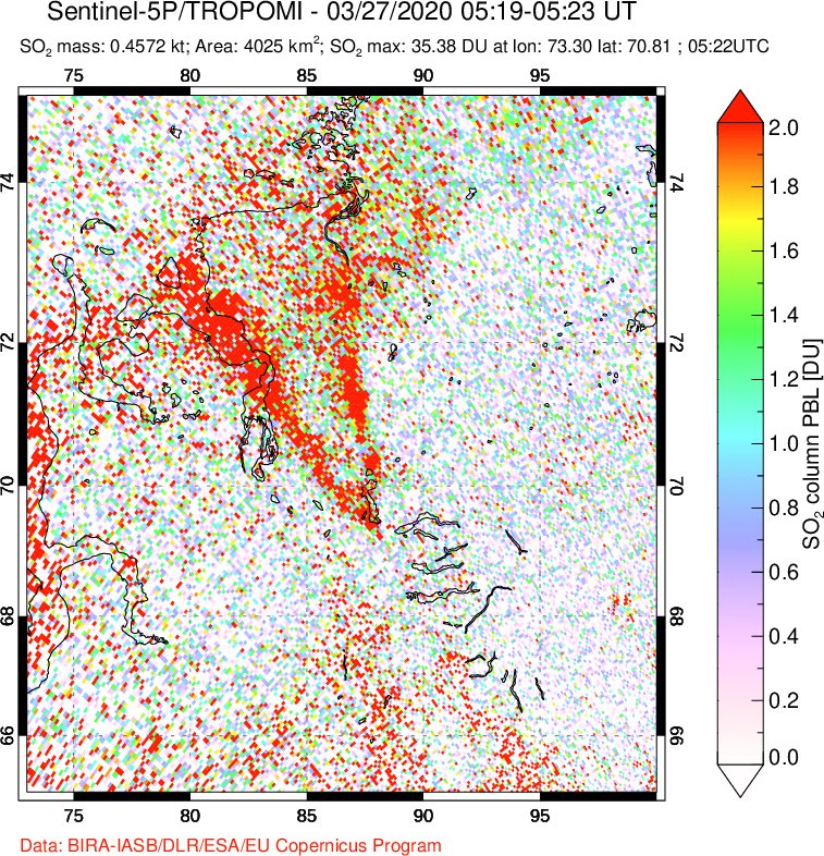 A sulfur dioxide image over Norilsk, Russian Federation on Mar 27, 2020.