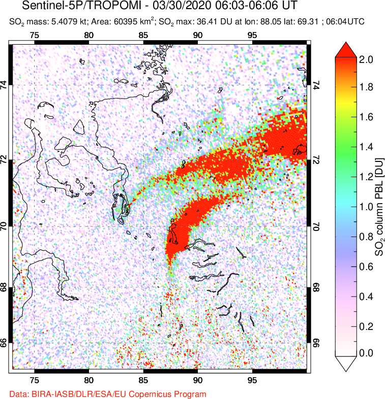 A sulfur dioxide image over Norilsk, Russian Federation on Mar 30, 2020.