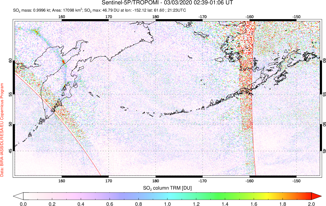 A sulfur dioxide image over North Pacific on Mar 03, 2020.