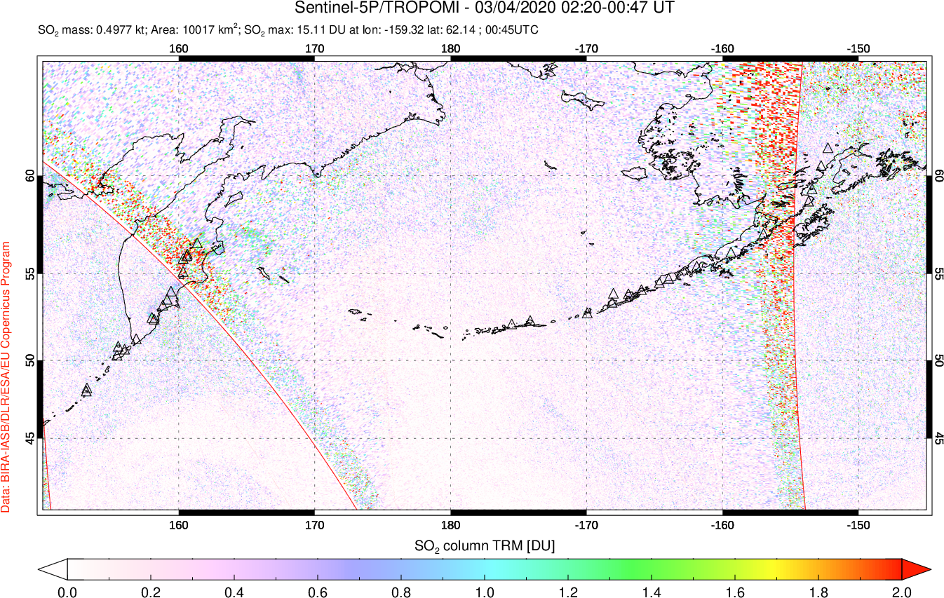 A sulfur dioxide image over North Pacific on Mar 04, 2020.