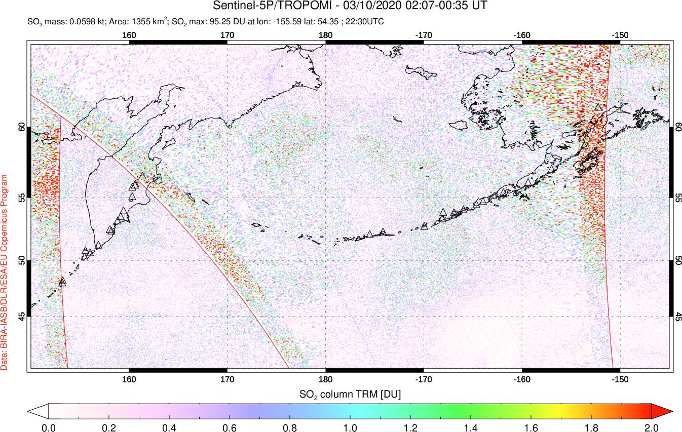 A sulfur dioxide image over North Pacific on Mar 10, 2020.