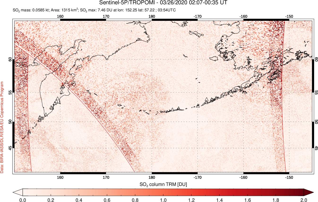 A sulfur dioxide image over North Pacific on Mar 26, 2020.