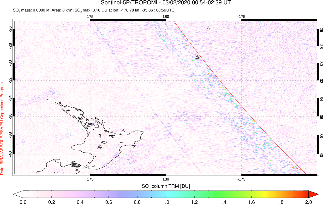 A sulfur dioxide image over New Zealand on Mar 02, 2020.