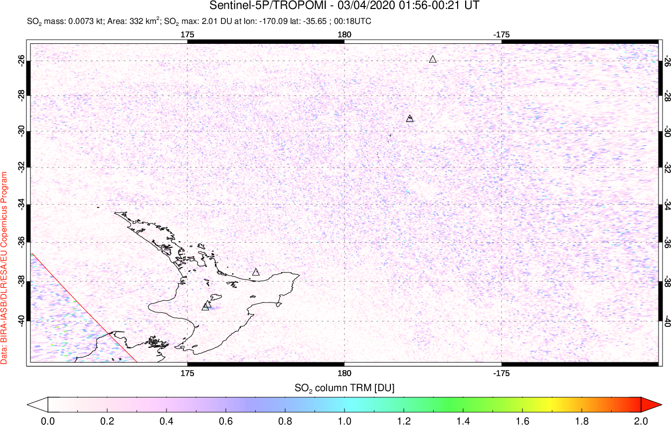 A sulfur dioxide image over New Zealand on Mar 04, 2020.
