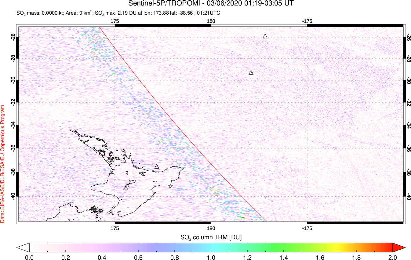 A sulfur dioxide image over New Zealand on Mar 06, 2020.