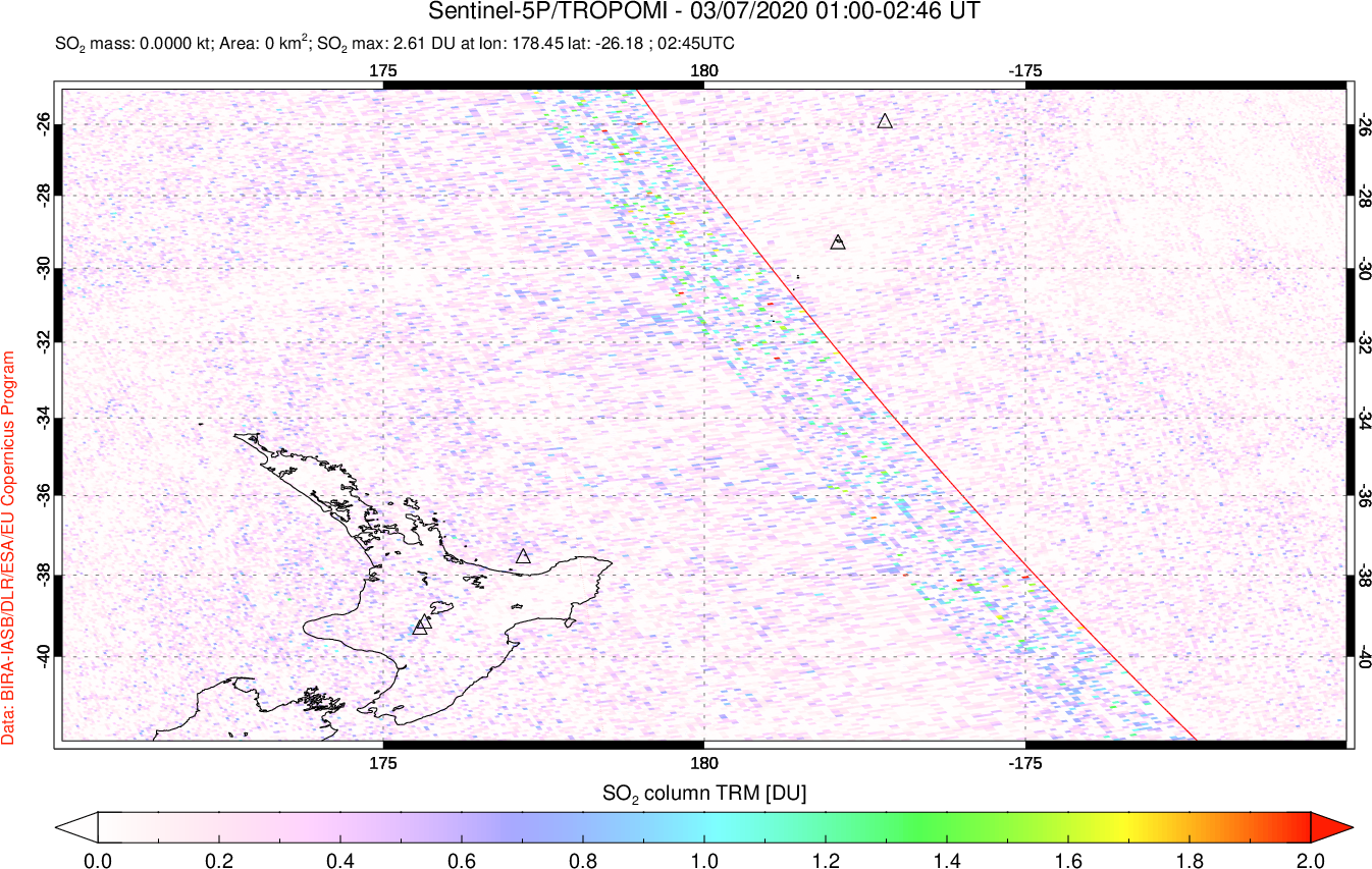 A sulfur dioxide image over New Zealand on Mar 07, 2020.