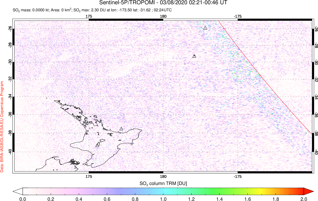 A sulfur dioxide image over New Zealand on Mar 08, 2020.