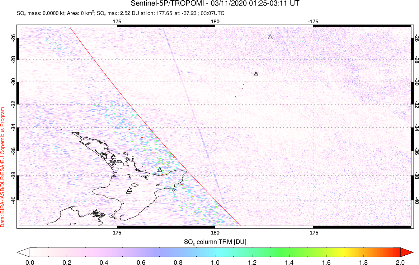 A sulfur dioxide image over New Zealand on Mar 11, 2020.