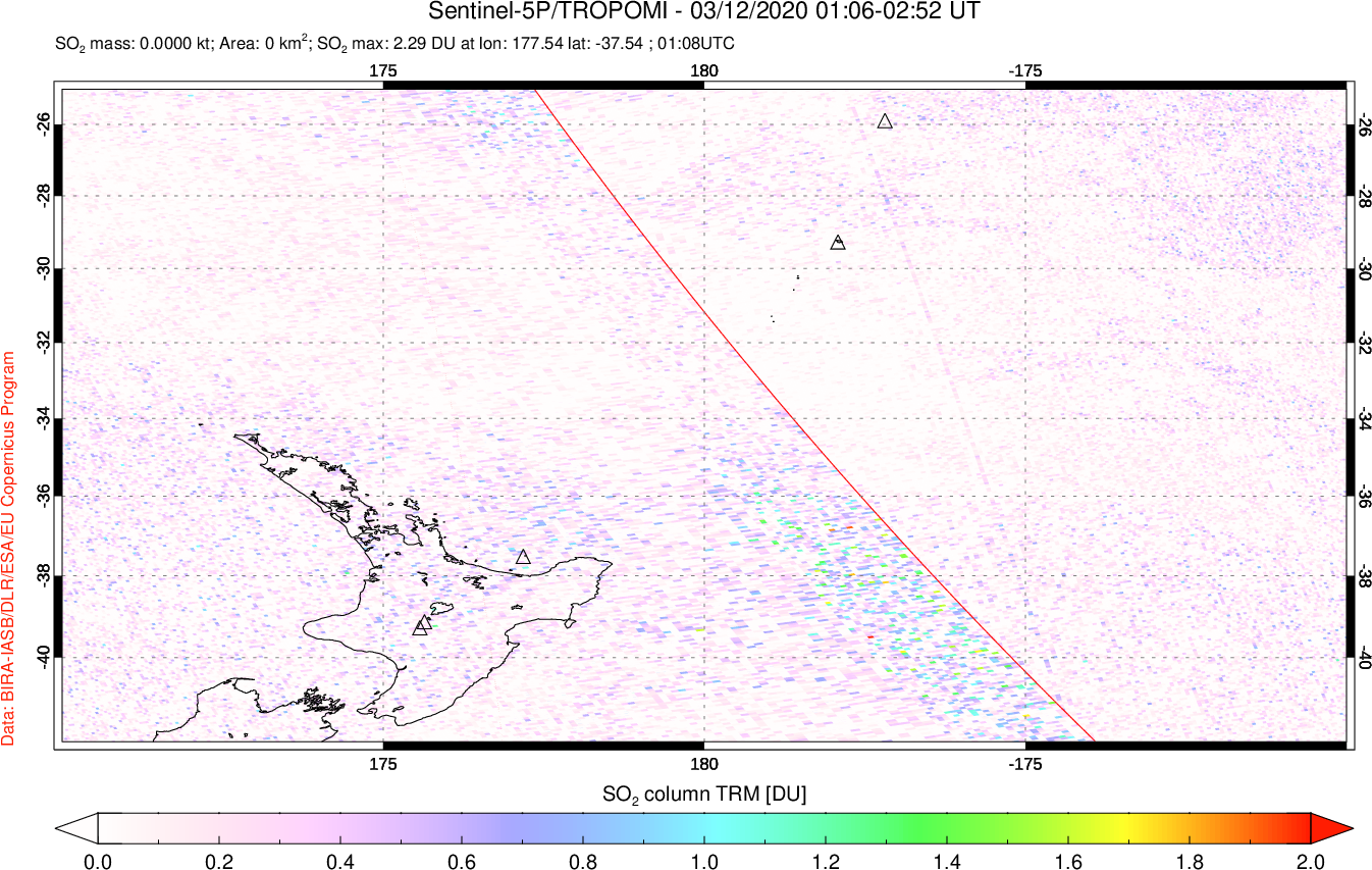 A sulfur dioxide image over New Zealand on Mar 12, 2020.