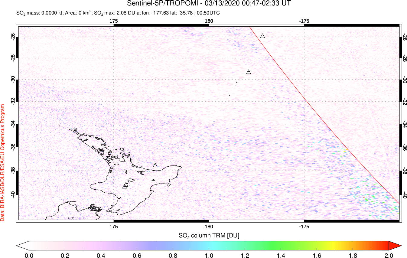 A sulfur dioxide image over New Zealand on Mar 13, 2020.