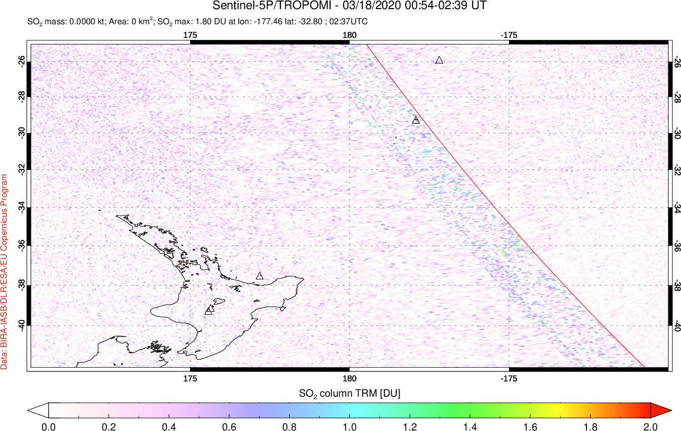A sulfur dioxide image over New Zealand on Mar 18, 2020.