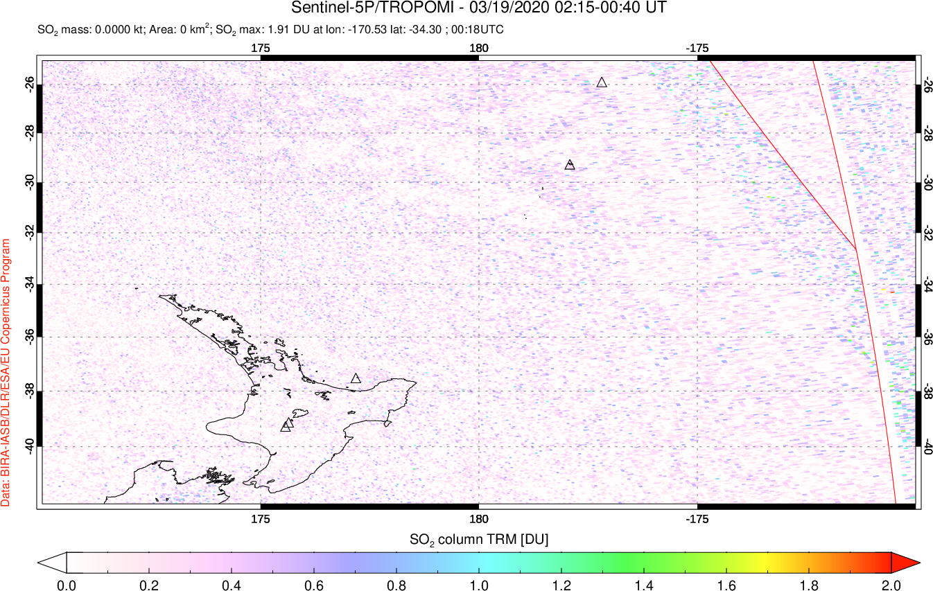 A sulfur dioxide image over New Zealand on Mar 19, 2020.