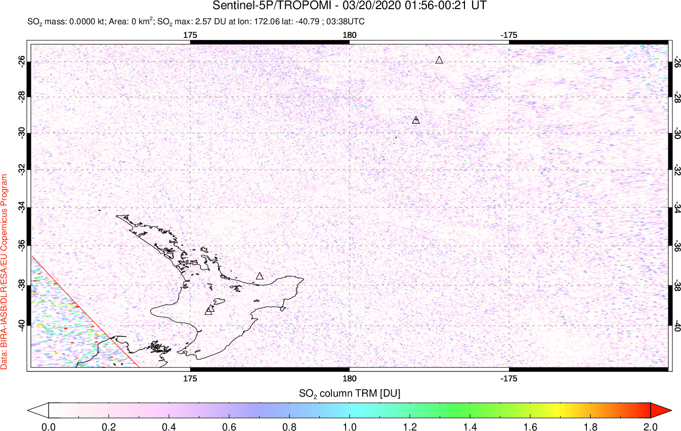 A sulfur dioxide image over New Zealand on Mar 20, 2020.