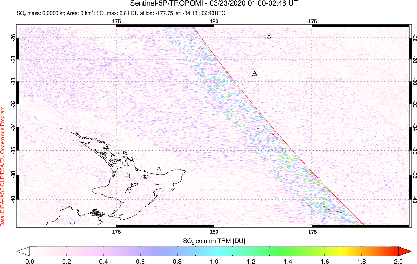 A sulfur dioxide image over New Zealand on Mar 23, 2020.