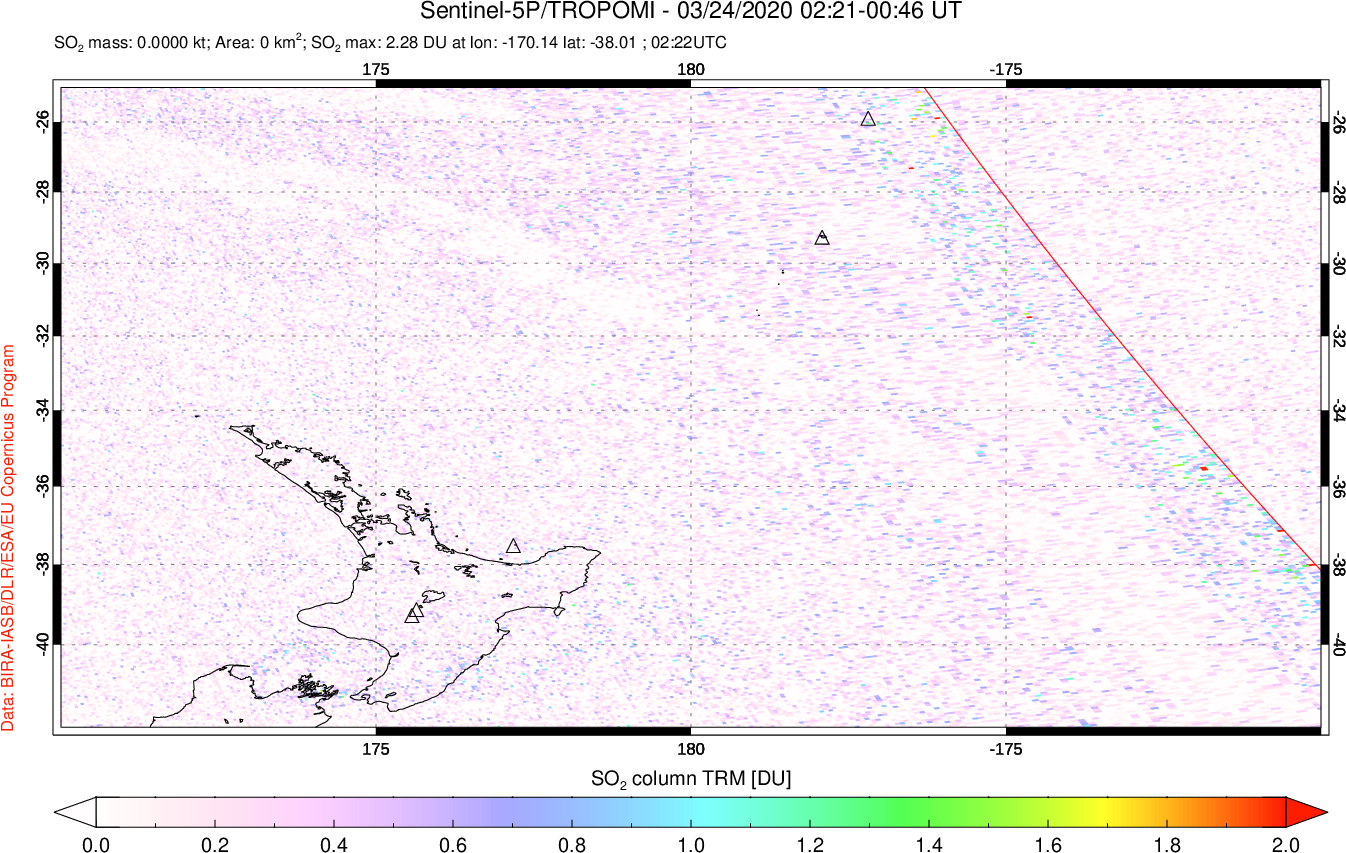 A sulfur dioxide image over New Zealand on Mar 24, 2020.