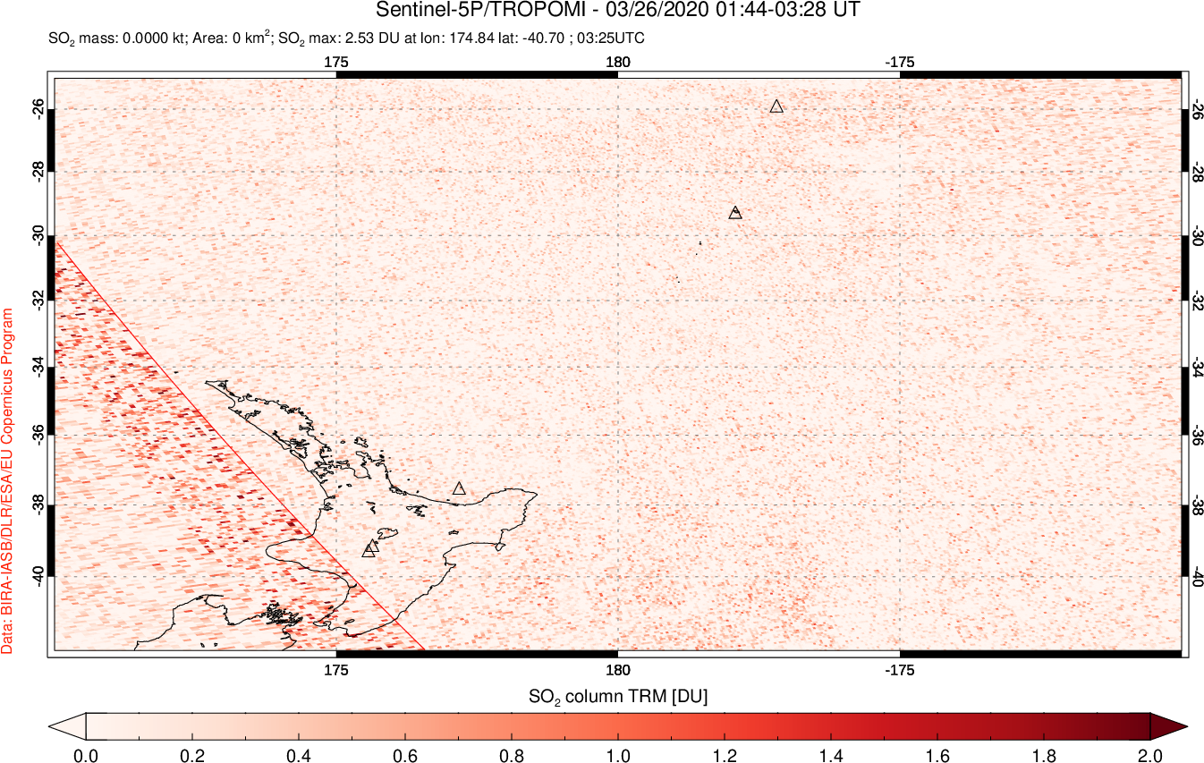 A sulfur dioxide image over New Zealand on Mar 26, 2020.