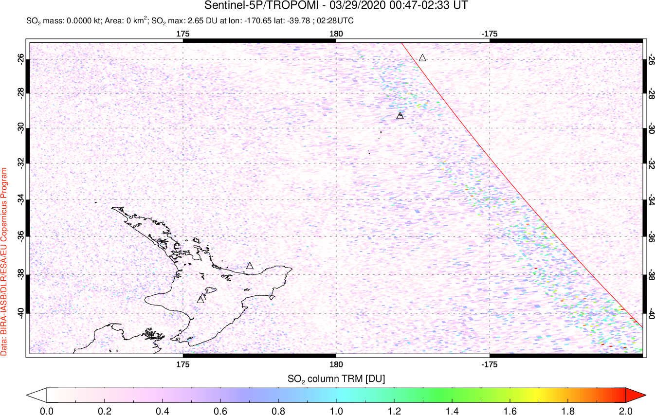 A sulfur dioxide image over New Zealand on Mar 29, 2020.