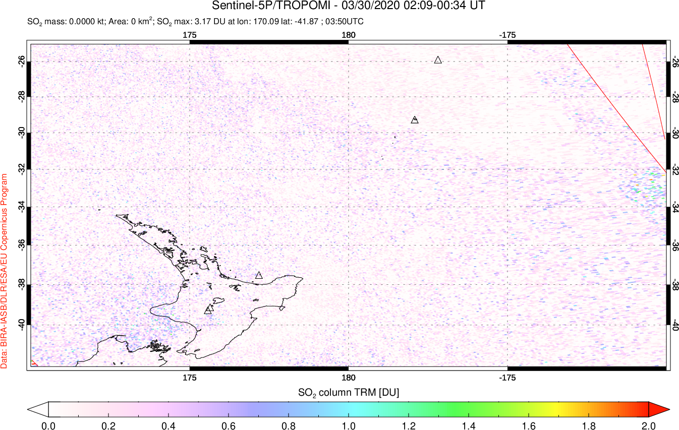 A sulfur dioxide image over New Zealand on Mar 30, 2020.