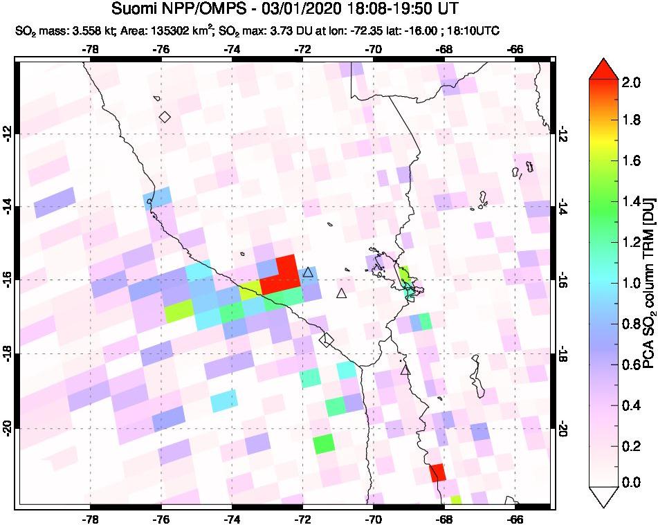 A sulfur dioxide image over Peru on Mar 01, 2020.