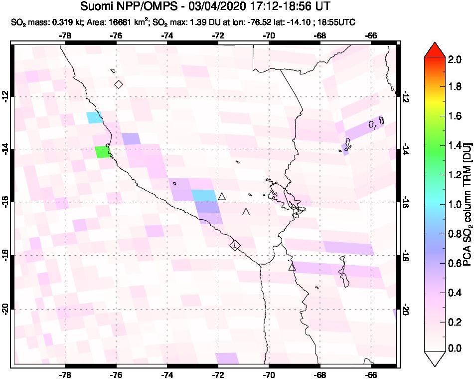 A sulfur dioxide image over Peru on Mar 04, 2020.