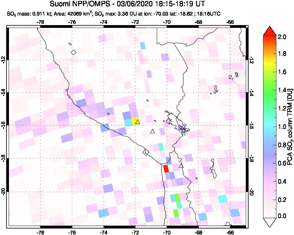 A sulfur dioxide image over Peru on Mar 06, 2020.