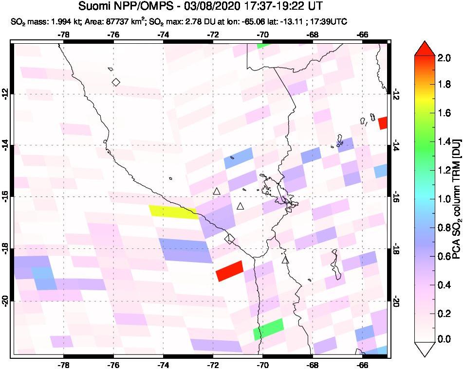 A sulfur dioxide image over Peru on Mar 08, 2020.