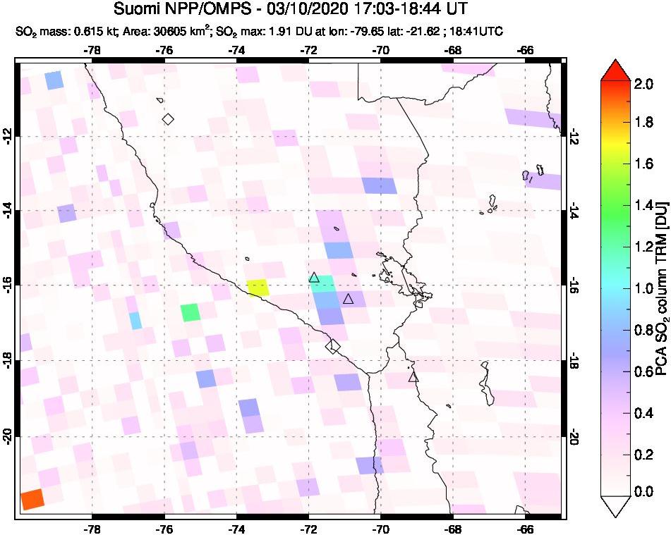 A sulfur dioxide image over Peru on Mar 10, 2020.