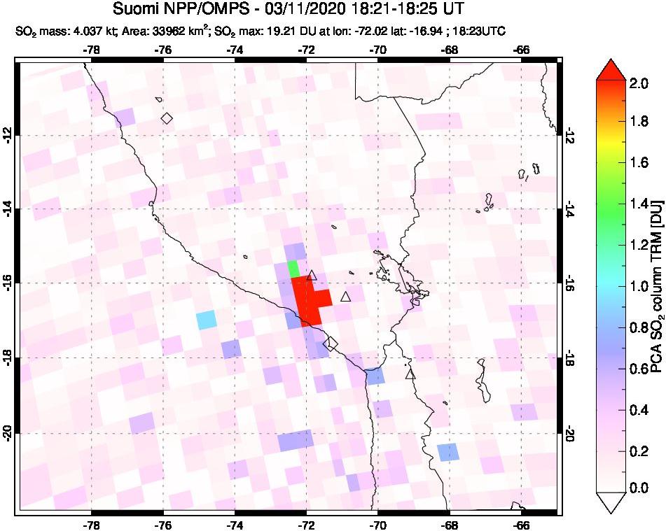 A sulfur dioxide image over Peru on Mar 11, 2020.