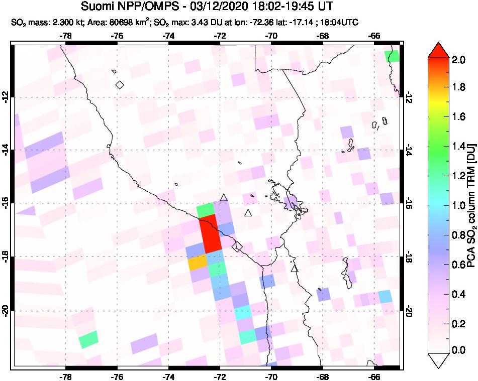 A sulfur dioxide image over Peru on Mar 12, 2020.