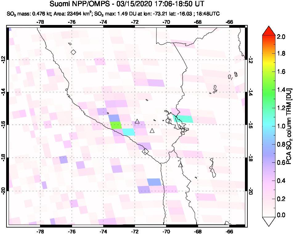 A sulfur dioxide image over Peru on Mar 15, 2020.