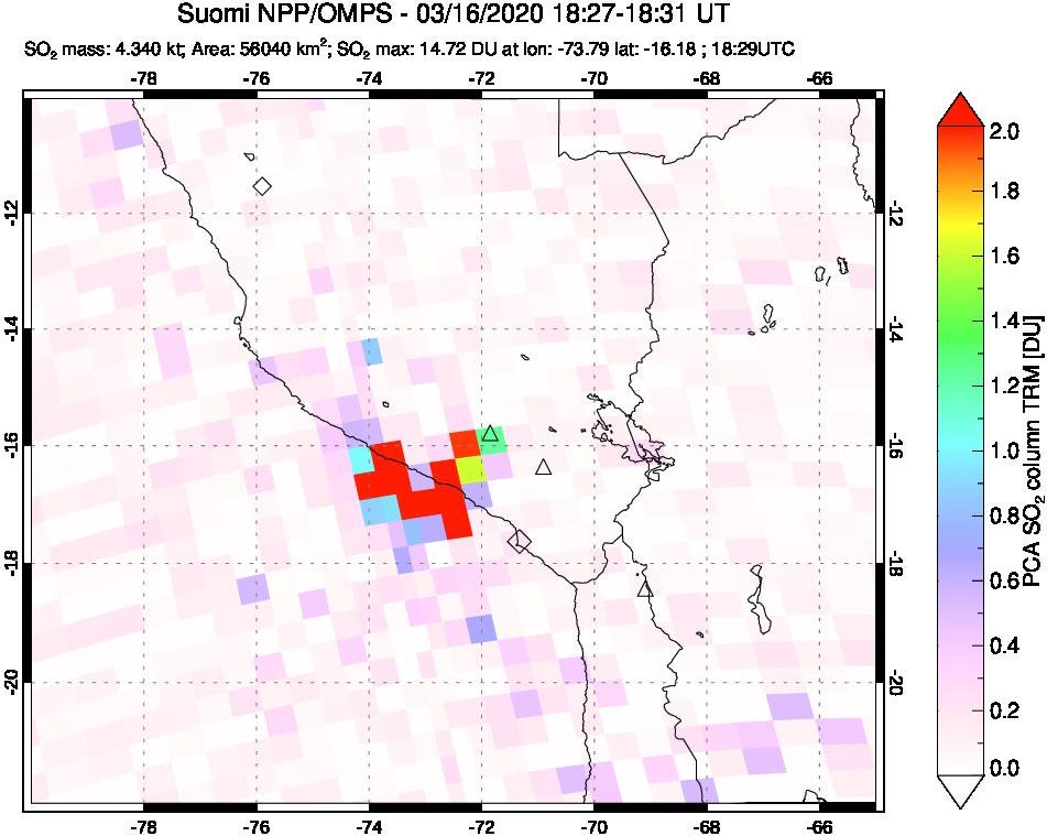 A sulfur dioxide image over Peru on Mar 16, 2020.