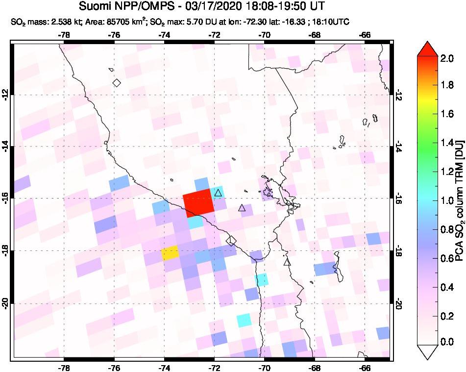 A sulfur dioxide image over Peru on Mar 17, 2020.