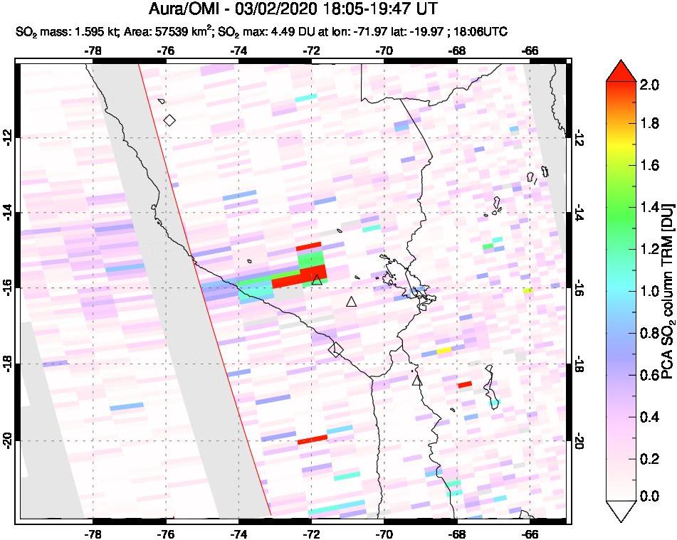 A sulfur dioxide image over Peru on Mar 02, 2020.