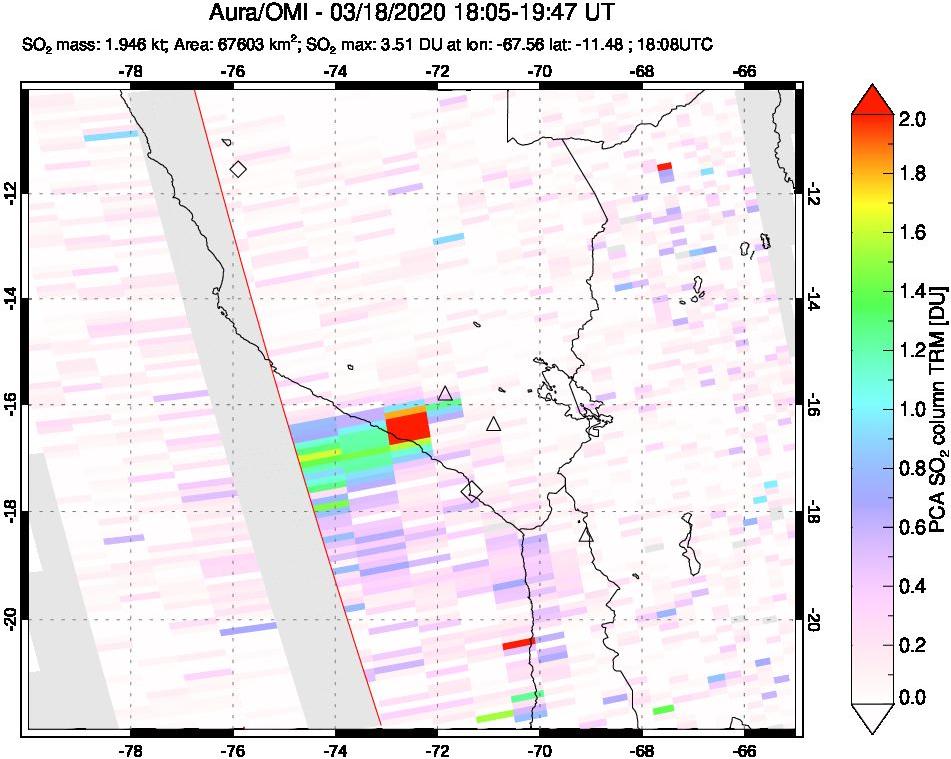 A sulfur dioxide image over Peru on Mar 18, 2020.