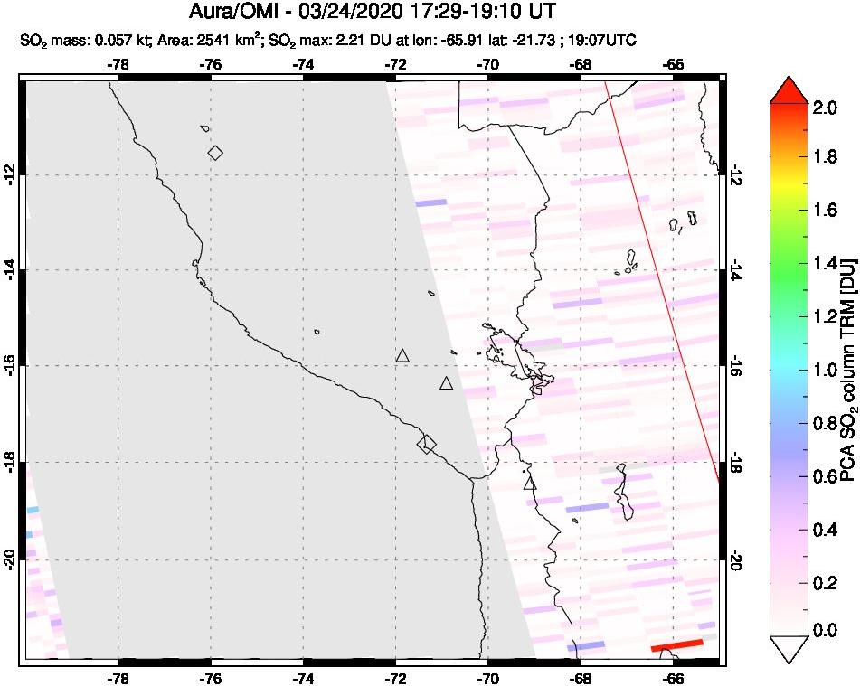 A sulfur dioxide image over Peru on Mar 24, 2020.