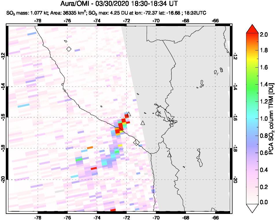 A sulfur dioxide image over Peru on Mar 30, 2020.