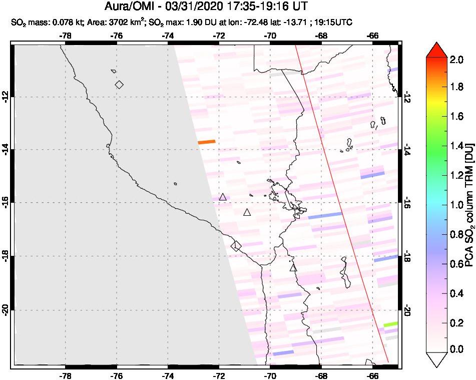 A sulfur dioxide image over Peru on Mar 31, 2020.