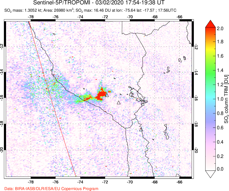A sulfur dioxide image over Peru on Mar 02, 2020.